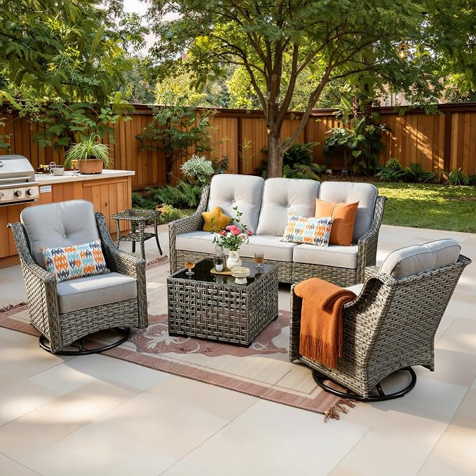 5 PCS Patio Conversation Set, All-Weather Rattan Wicker Outdoor Patio Furniture Sets with High Back Swivel Rocker Chair, Solar Light Coffee Table for Porch,Backyard,Balcony,Light Grey
