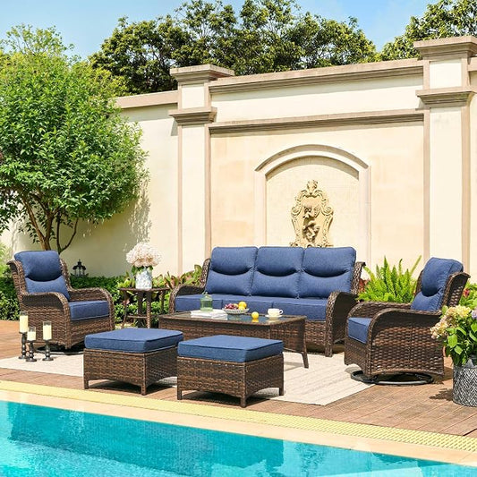 HILLGA Luxury Outdoor Patio Furniture Set with 6-Inch Thick Cushions, High Back Wicker Swivel Rocker Chairs, 7 Pcs All Weather Conversation Set for Large Deck, Yard and Poolside, Blue (V3)