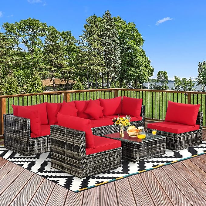 DORTALA 7Pieces PE Rattan Patio Furniture Set, All-Weather Wicker Conversation Set W/Soft Cushions & Pillows, Functional Coffee Table, Outdoor Sectional Sofa Set for Balcony, Poolside, Backyard, Red