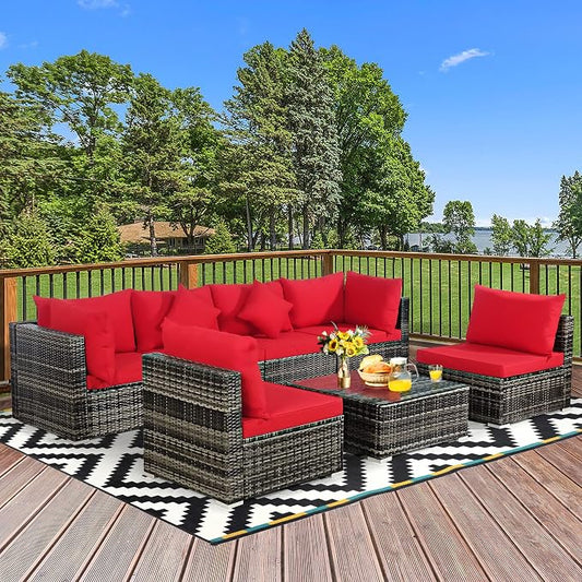 DORTALA 7Pieces PE Rattan Patio Furniture Set, All-Weather Wicker Conversation Set W/Soft Cushions & Pillows, Functional Coffee Table, Outdoor Sectional Sofa Set for Balcony, Poolside, Backyard, Red
