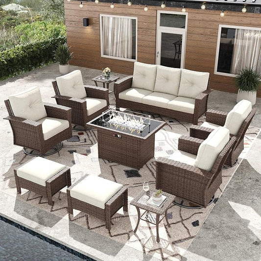10 Pieces Outdoor Patio Furniture Set with Fire Pit Table, Wicker Patio Sectional Set Conversation Wicker Swivel Chairs with Small Side Table