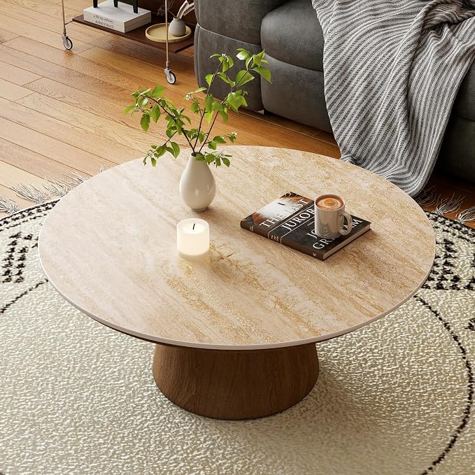ZL ZELing Round Sintered Stone Table Top 35",Replacement Table Top for Indoor & Outdoor - Heat/Scratch Resistant Waterproof Ceramic DIY Desktop, Patio/Balcony/Bistro/Café & Dining Room (Beige)