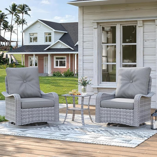 2-Seat Modern Patio Furniture Set with Swivel Rocking Chairs, Thick 4″ Cushions, Dual-Strand Wicker Rattan, Rust-Resistant Steel Frame – Outdoor Conversation & Modular Sectional,Gray