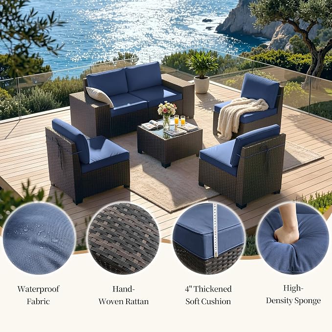 Patio Furniture Set 6 Pieces Outdoor Sectional Sofa Set,PE Rattan Wicker Patio Conversation Set with Thickened Cushions and Glass Coffee Table,NavyBlue