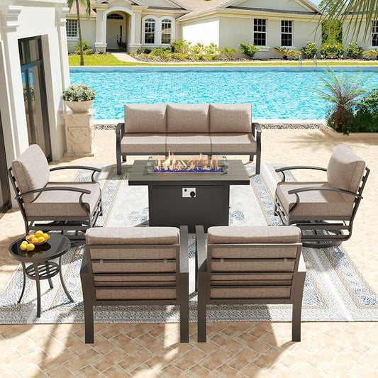 Kullavik Aluminum Patio Furniture Set,7 Piece Modern Metal Outdoor Patio Furniture w/5.1'' Thick Cushion,Swivel Chairs and 45" Propane Fire Pit Table,Patio Conversation Sets for Porch,Deck,Sand