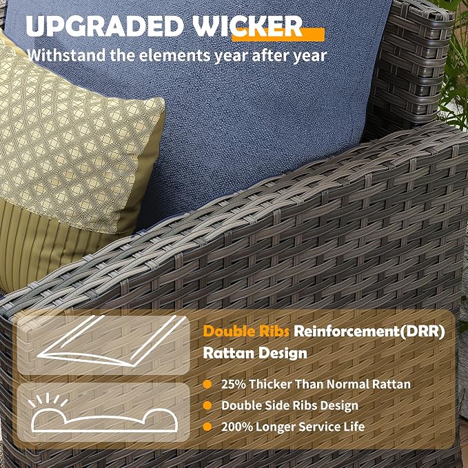 UDPATIO Patio Furniture Set, 5 Pieces Outdoor Sectional Sofa Set, All-Weather Wicker Rattan High Back Outdoor Conversation Set with Ottoman for Poolside, Backyard, Grey Wicker Navy Blue Cushion