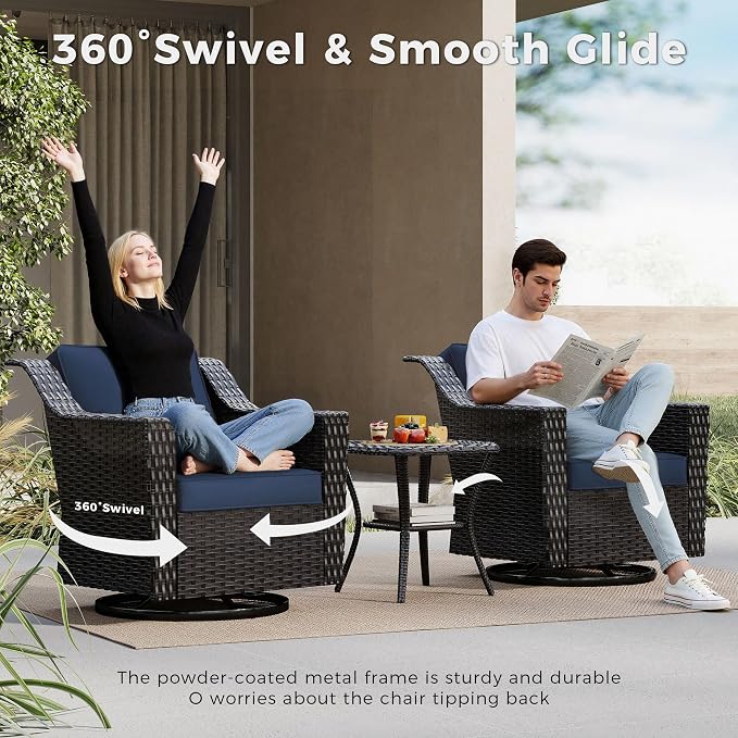 Patio 2 Pieces Wicker Swivel Chairs Set of 2，Outdoor PE Rattan Rocking Glider Armchairs, Water-Resistant Cushions with Removable and Washable Covers, Porch, Balcony, Sunroom (Navy Blue)
