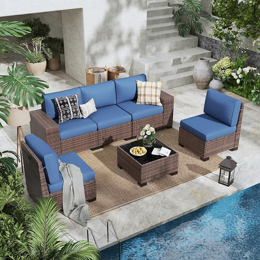 6 Pieces Outdoor Patio Furniture Set with Table Brown Rattan Sectional Sofa Conversation Sets for Balcony Lawn and Garden (Navy Blue, 6 pcs w/Table)