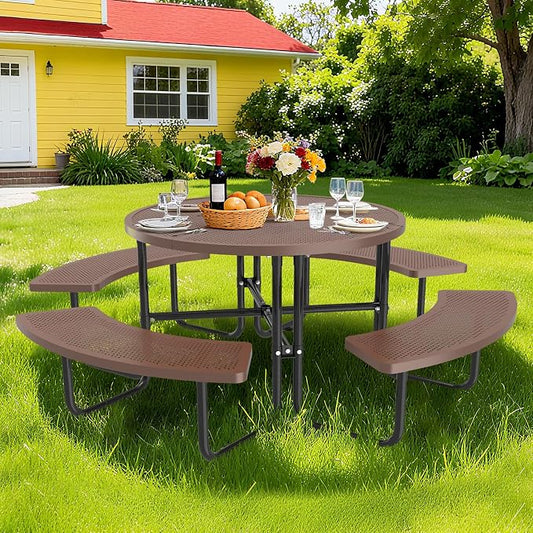 46'' Round Metal Picnic Table with 1.78" Umbrella Hole, Heavy-Duty Stainless Steel Mesh Top Outdoor Table, Rust Resistant Weatherproof Patio Dining Table, For Backyard, Garden & Picnic, Coffee