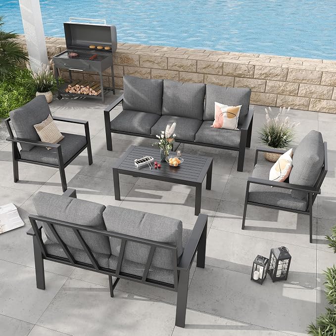 5 Pieces Aluminum Patio Conversation Set Metal Deck Outdoor Furniture 7-Seat All-Weather Rust-Proof Sectional Sofa Set with Removable Cushion for Balcony, Yard, Poolside & Small Spaces