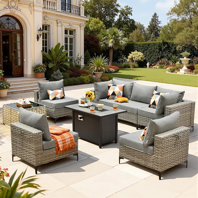 8 Pieces Patio Furniture Set with 42" Fire Pit, All-Weather Rattan Outdoor Sectional Conversation Sets L Shaped Sofas with Solar Light Coffee Table for Porch Balcony Backyard Dark Grey