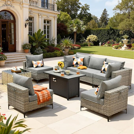 8 Pieces Patio Furniture Set with 42" Fire Pit, All-Weather Rattan Outdoor Sectional Conversation Sets L Shaped Sofas with Solar Light Coffee Table for Porch Balcony Backyard Dark Grey