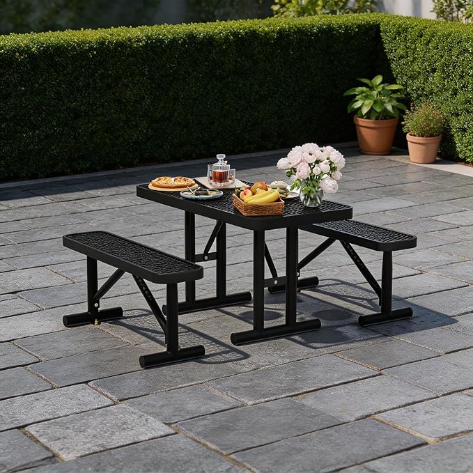 4FT Outdoor Metal Picnic Table with 2 Benches,Heavy Duty Rectangular Picnic Table Set for Outside, Waterproof Commercial Restaurant Table Furniture for Park, Campfield, Patio, Garden, Yard