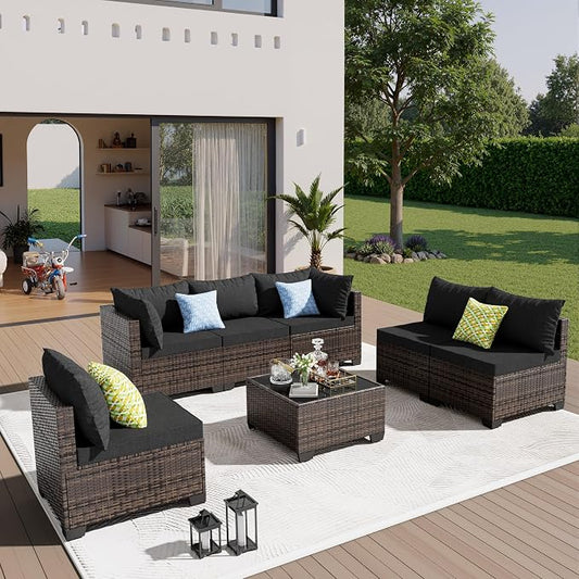 7 Pieces Patio Furniture Set - Outdoor Sectional Wicker Rattan Furniture, with Cushion and Glass Table, Patio Conversation Sets, for Porch, Poolside, Backyard, Outdoor Sofa Set