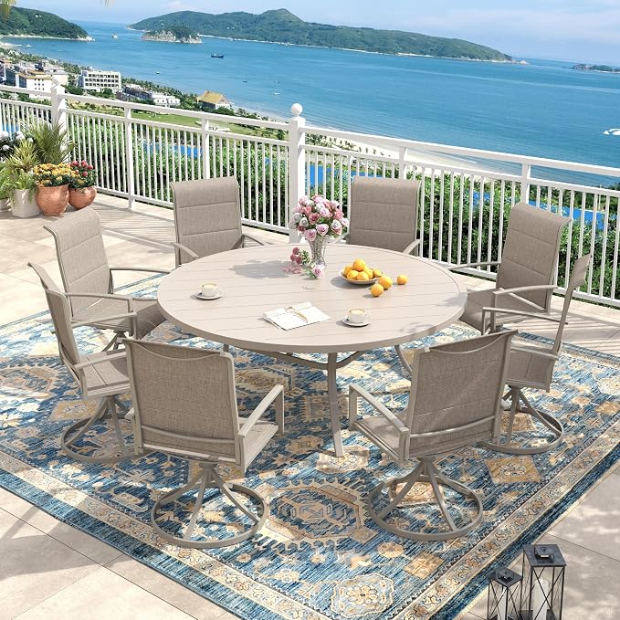 Outdoor Dining Set for 8, 60" Outdoor Dining Table with Umbrella Hole and Padded Textilene Patio Swivel Chairs, 9 Pieces Patio Table and Chairs Set for Garden Backyard, Sandshell