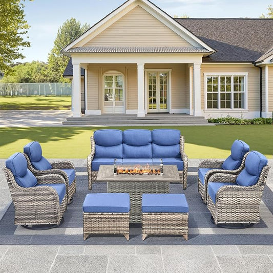 Luxury High Back Outdoor Furniture 6-Inch Thick Cushions with 50,000 BTU Gas Propane Fire Pit Tablet, Patio Furniture Set with Swivel Chairs, 8 PCS for Porch, Balcony, Deck and Yard