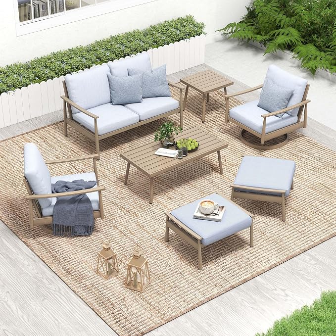 HAPPATIO Patio Outdoor Furniture Set - 7 Pieces Aluminum Outdoor Conversation Set Includes 1 Loveseat, 1 Side Table, 1 Coffee Table, 2 Swivel Chairs, and 2 Ottomans for Porch, Yard, Lawn (Brown)