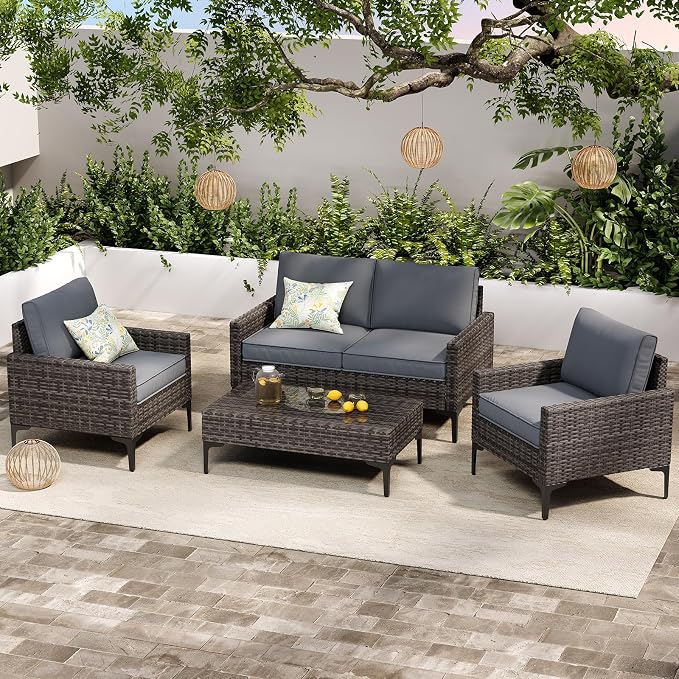 4-Piece Outdoor Patio Furniture Set Grey All-Weather Rattan Outdoor Couch with Coffee Table Outdoor Patio Sofa Seating with Cushions for Garden, Poolside, Porch