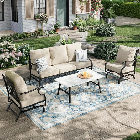 MIXPATIO Patio Furniture Set 4 pcs, Outdoor Patio Furniture, 3-Seat Sofa, 2 Rocking Chairs, Metal Coffee Table and 5.75" Extra Thick Cushion, Patio Conversation Set for Garden Backyard Deck,Beige
