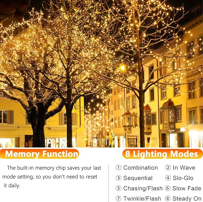 Joomer Solar Fairy Lights, 4Pack Total 104FT 320LED Lights, Warm White | Copper Wire, Solar String Light Waterproof 8 Lighting Modes for Patio Fence Party Garden Yard Home Outdoor Decoration