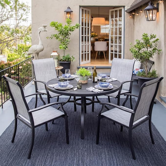 NUU GARDEN 5-Piece Patio Dining Set with Umbrella Hole, Outdoor Furniture Set Includes Round Patio Table, 4 Textilene Dining Chairs, Outdoor Dining Set for Backyard Garden Poolside, Gray and Black