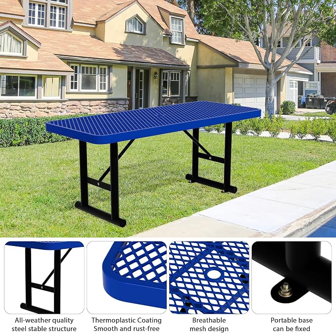 4FT Picnic Tables for Outdoors, Blue Rectangular Heavy Duty Commercial Picnic Table with Umbrella Hole, Weather-Resistant Camping Table Dining Table for Backyard, Patio, Garden, Shops, Parks