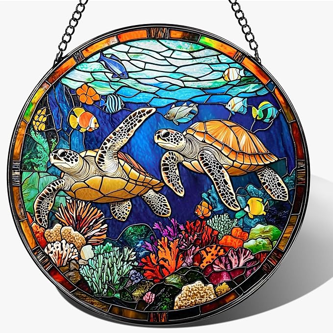 Stained Glass Window Hanging, Stained Glass Suncatcher Sea Turtle Decor, 8" Coral Reef Ocean Window Hanging Ornament | Sea Turtle Gifts, Valentine, Birthday Gifts for Friends, Women, Men, Mom