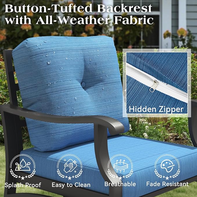9 Piece Patio Conversation Set, Outdoor Metal Furniture Set w/Rocking Swivel Chairs, 3-Seat Sofa, Ottomans and Coffee Side Table, 5" Thickened Cushions for Backyard, Poolside, Blue