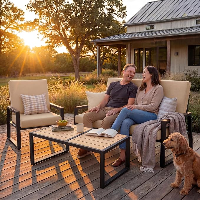 Gizoon 4-Piece Outdoor Patio Furniture Set with Coffee Table and Removable Cushions, Metal Patio Conversation Set for Family, Yard, Poolside (Gray)
