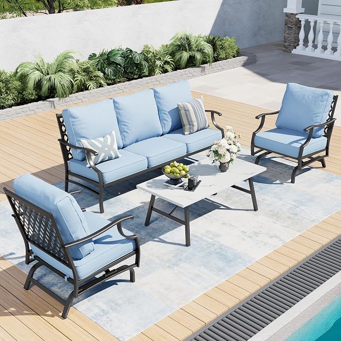 SUNSHINE VALLEY 4 Piece Metal Outdoor Patio Furniture Set, Patio Conversation Set 1 3-seater Sofa, 2 Rocking Chair with 5.75" Extra Thick Cushion and Coffee Table, Black Frame Backyard Furniture, Blue