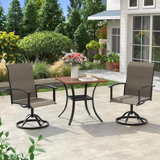 VICLLAX Outdoor Table and Chairs Set for 2, Small Patio Dining Set with 27.5" Metal Square Patio Table & 2 Swivel Outdoor Dining Chairs for Backyard Lawn Porch Garden, Mixed Brown & Walnut