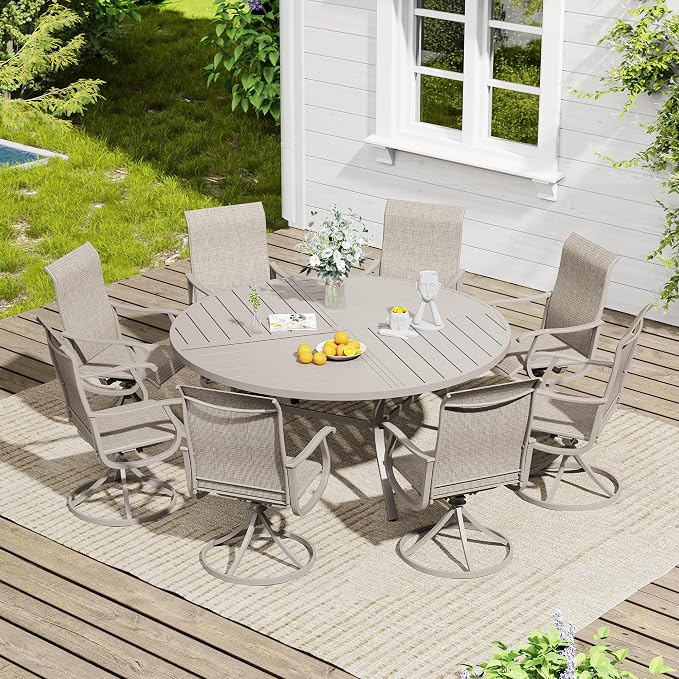 VICLLAX 60" Round Outdoor Table, Patio Dining Table for 8-10 with Umbrella Hole for Garden Lawn Deck Backyard, Sandshell