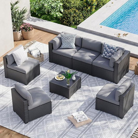 Aoxun 7 Piece Patio Furniture Set Wicker Rattan Patio Sectional Sofa Set Outdoor Seating Furniture with Thickened Cushion, Grey