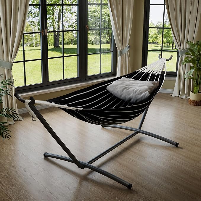 Heavy Duty Double Hammock with Steel Stand – 2 Person, 450lbs Capacity, Portable for Indoor Outdoor Use, Space-Saving with Carry Bag, Garden, Patio, Camping, White Agate