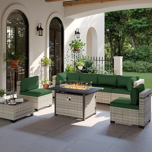 8-Piece Patio Furniture Set, Outdoor Patio Furniture with 55,000 BTU Fire Pit Table, Thick Cushions, Modular Patio Sofa, Dual-Strand Wicker Rattan, Rust-Resistant Frame, Dark Green