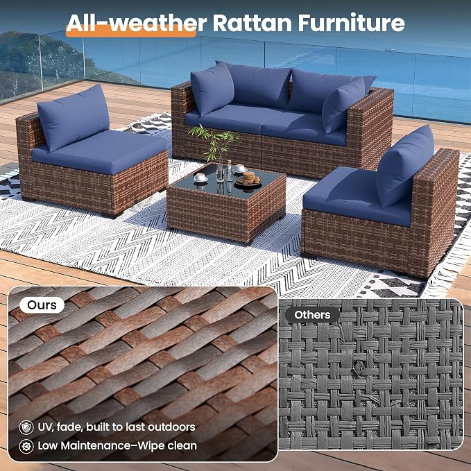UDPATIO Patio Furniture Set with Fire Pit Table, 5 Piece Outdoor Sectional Sofas, All-Weather Wicker Conversation for Garden, Backyard, Navy Blue