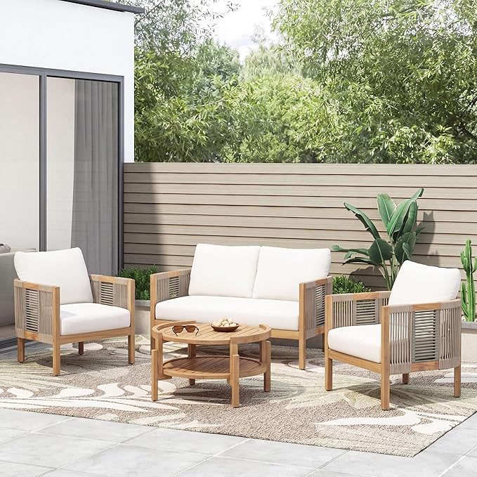 Christopher Knight Home 4-Piece Acacia Wood Patio Furniture Set with Coffee Table, 4 Seater Outdoor Conversation Sofa Set, Patio Sectional Chat Set for Backyard Balcony, Teak+ Beige