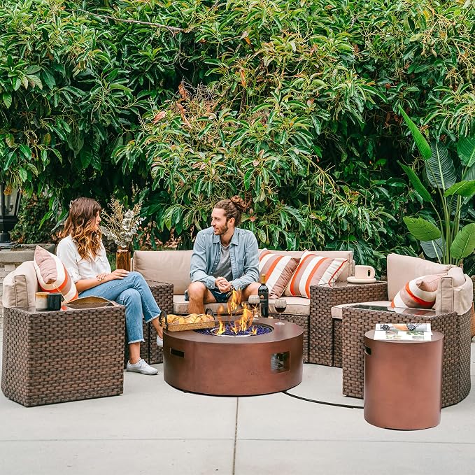 SUNSITT 12 Piece Patio Furniture Set with Fire Pit Outdoor Round Sectional Sofa with 36" Bronze Propane Fire Table & Tank Holder, Brown Rattan