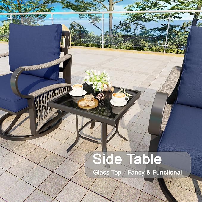 3 Pieces Outdoor Furniture Set, Metal 360° Swivel Rocking Chairs Bistro Sets, Patio Conversation Set with Side Table for Deck, Porch, Garden, Backyard, Poolside (Blue Cushions)
