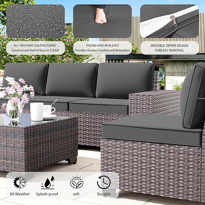 6 PCS Outdoor Patio Furniture Set,Outdoor Sectional Furniture All Weather PE Rattan Wicker Patio Conversation Set with Coffee Table and 5 Thickened Cushions,Grey