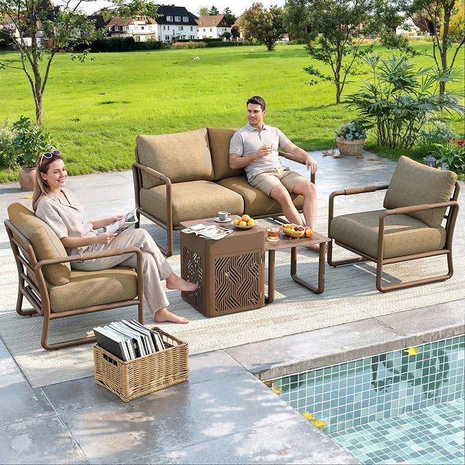 4-Seat Outdoor Aluminum Patio Set with 45,000 BTU Fire Pit Table, 6.5" Thick Cushions & Wide Seating, All-Weather for Pool, Balcony, Garden, Brown
