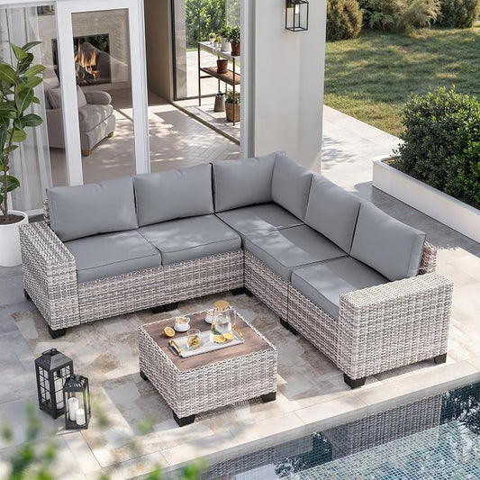 6-Piece Outdoor Patio Furniture Set Wicker Sectional Sofa Set, Patio Conversation Set with Thickened Cushions & Chunky Arms Coffee Table for Garden, Backyard, Poolside, Grey