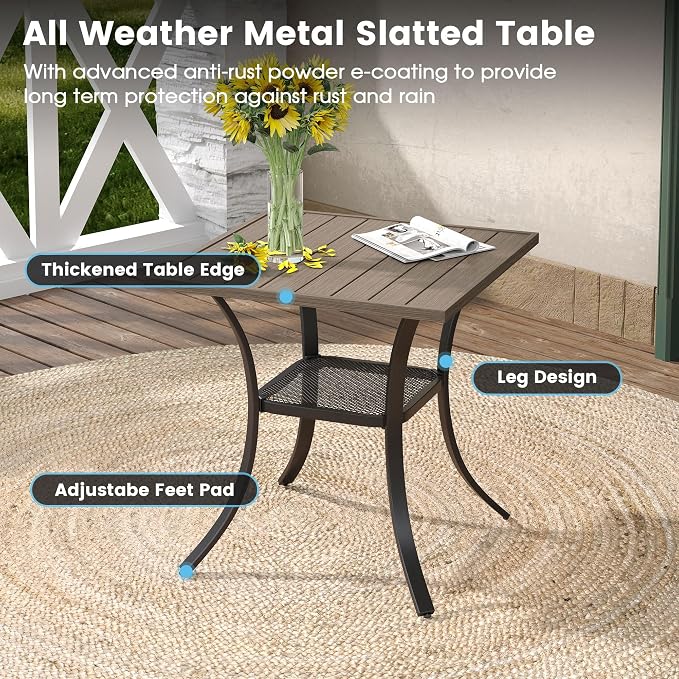 DIFY 3 Pieces Outdoor Patio Dining Set for 2, 27.6" Small Square Metal Dining Table and 2 Sandshell Textilene Swivel Dining Chairs, Outdoor Table and Chairs