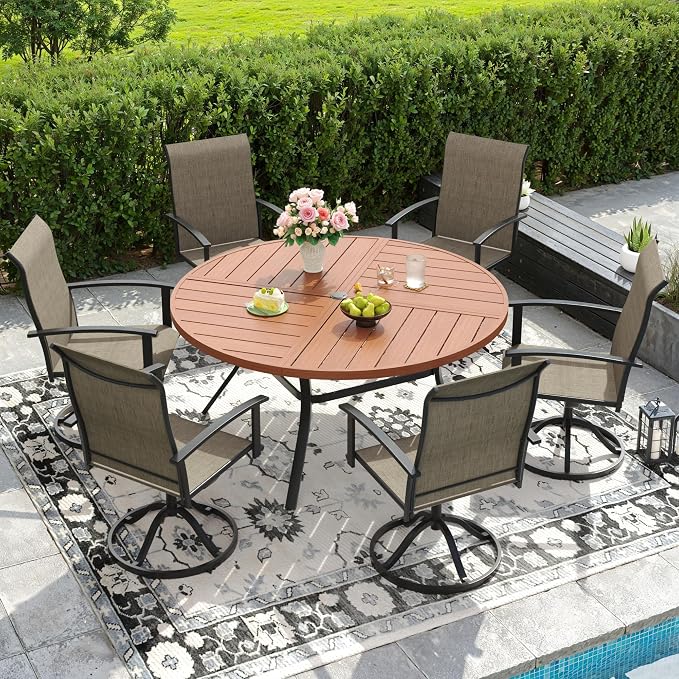 DIFY 7 Pieces Outdoor Dining Set, Metal Patio Table and Chairs Set for 6 with Umbrella Hole, 50" Walnut Round Table and Brown Textilene Swivel Patio Chairs for Garden, Backyard, Poolside