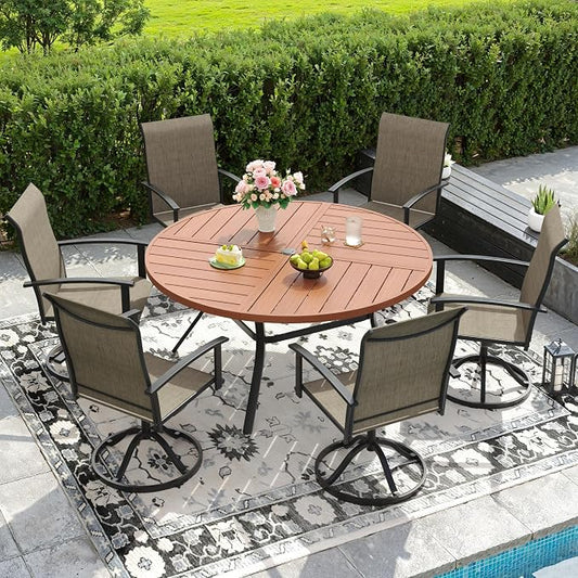 DIFY 7 Pieces Outdoor Dining Set, Metal Patio Table and Chairs Set for 6 with Umbrella Hole, 50" Walnut Round Table and Brown Textilene Swivel Patio Chairs for Garden, Backyard, Poolside