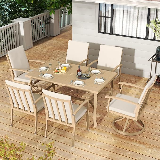 HAPPATIO Outdoor Dining Table for 6, Aluminum Rectangle Outdoor Dining Table with Umbrella Hole, All-Weather Aluminum Patio Dining Table for Garden Yard Poolside, Only Table, Beige