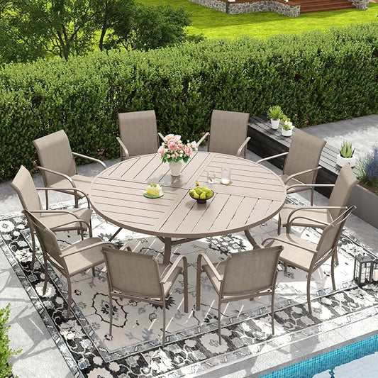 DIFY 11 Pieces Outdoor Patio Dining Set for 10, 63" Round Metal Patio Table and 10 Stackable Textilene Patio Chairs, Outdoor Table and Chairs for Backyard Garden Poolside, Sandshell