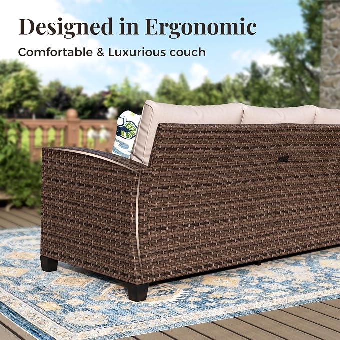 MIXPATIO Swivel Glide Outdoor Patio Furniture Set, 6 Pcs Wicker Patio Conversation Set, 2 x Swivel Chairs, 1 x 3 Seater Sofa and 2 x Ottomans with 4" Thick Cushions and 56" Fire Pit Table, Beige