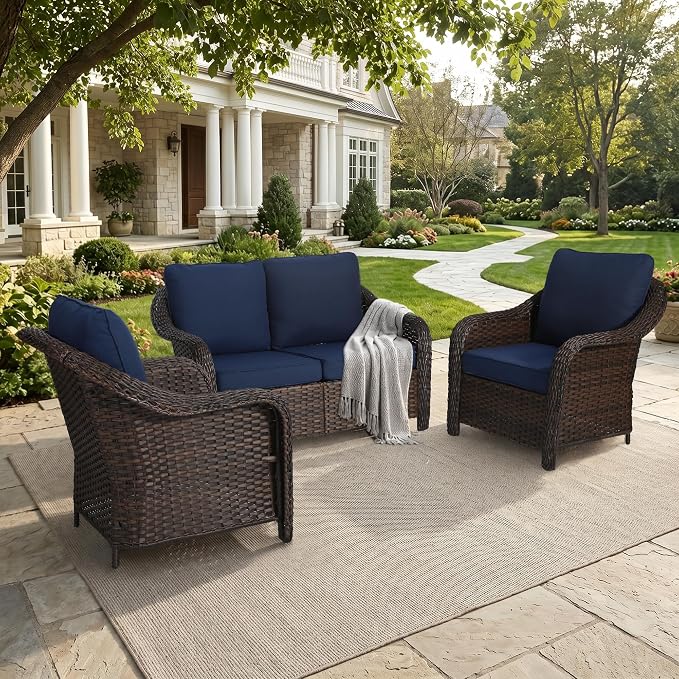 3 Piece Patio Wicker Conversation Set, All-Weather Use Outdoor Wicker Loveseat with 2 PE Rattan Chair, Ideal for Porch, Backyard, Balcony, Poolside, Blue