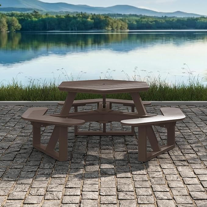 Shoreline Made in USA Hexagon Picnic Table, Seating for 6, Mangrove Brown